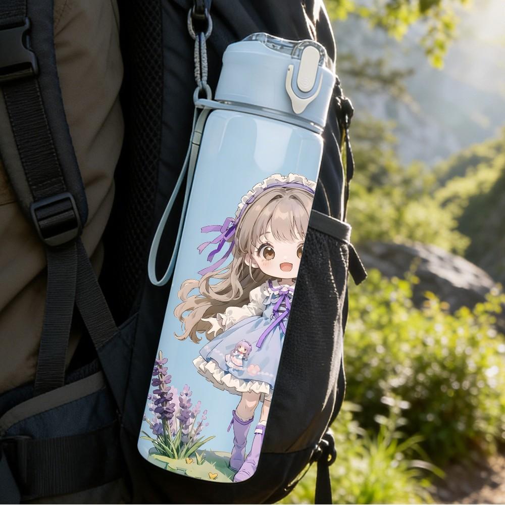 1PC Purple Dress Girl Butterfly Bow Pattern 750ml Color Plastic Sports Water Bottle Leakproof Flip Straw Lid Suitable for Sports Office Home Use