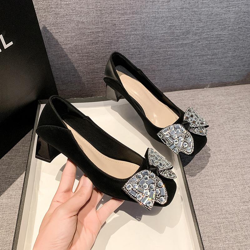 2024 summer new British style round head rhinestone bow fashion light mouth thick heel fashion single shoes spot