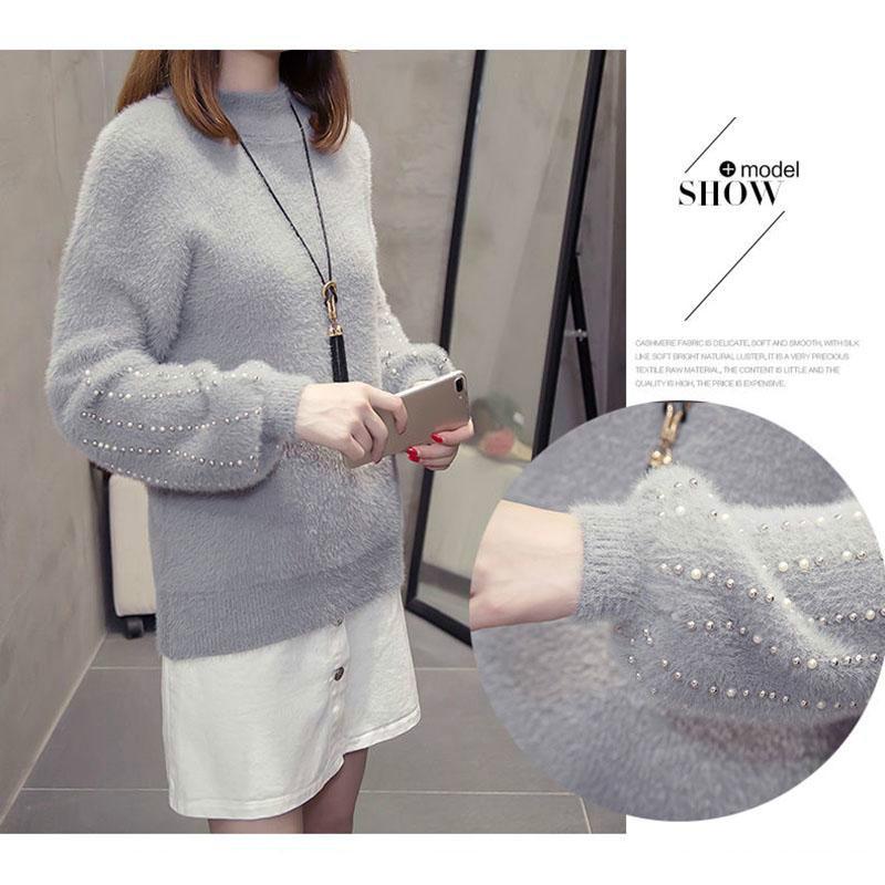 Fuzzy svetr pro ženy Svetr z imitace norkového sametu Dámský svetr s korálky Spodní část košile Korejské mohérové ​​svetry s dlouhým rukávem a dlouhým rukávem
