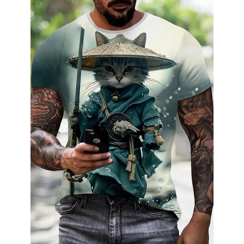 3D Printed Men's Round Neck T-shirt Casual Summer Wear Lightweight Trendy and Versatile Super Practical Cat Pattern T-shirt