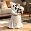 Eerie Halloween Figurine Depicting a Spirit Cradling a Skull, White Decoration with Antiqued Brown Features for Parties and Bar Displays
