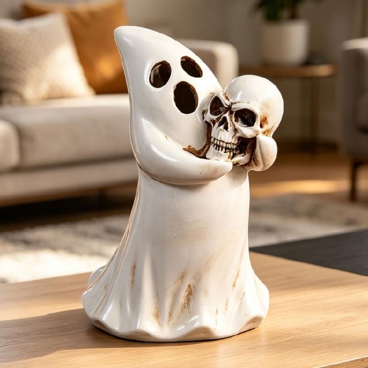 Eerie Halloween Figurine Depicting a Spirit Cradling a Skull, White Decoration with Antiqued Brown Features for Parties and Bar Displays