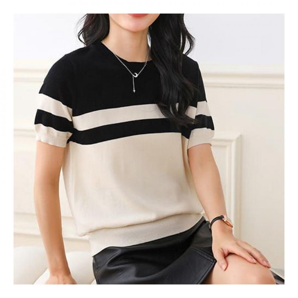 Navava Men Simple Daily Color Block Short Sleeve Knit Nk2063