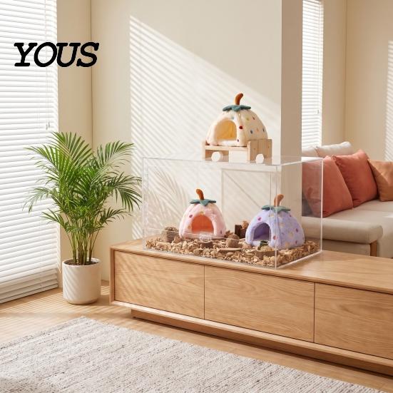 Enclosed Pet Cave Plush Strawberry Hamster Bed, Soft Winter Warm Hideout, Cute Cozy Hiding Spot for Rodents Bed Gerbil, Sugar Glider,