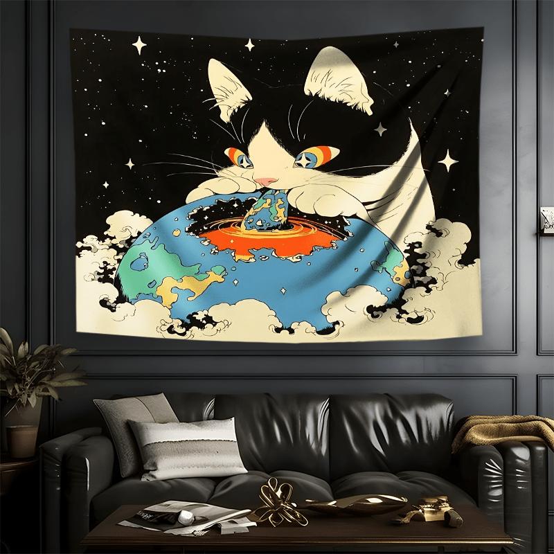 

VIKAMA Starry Sky Cat Holding The Earth Tapestry Bedroom Feature Wall Decor Instagram Style Living Room Sofa Backdrop Tapestry 74x94cm(29x37in)