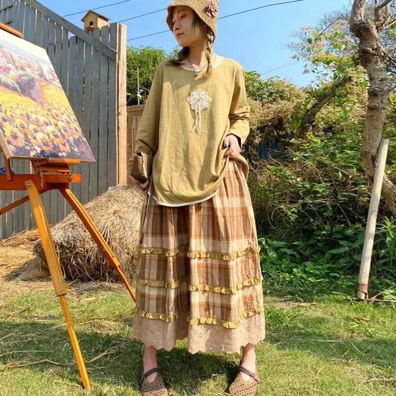 Johnature Casual Patchwork Lace Women T-Shirts Spring Japanese All Match O-neck Pulloer Female T-Shirts