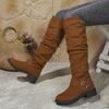 Women's Solid Color Trendy Boots, Buckle Belt Pull On Chunky Heel High Knee Boots, Winter Round Toe Slouchy Boots