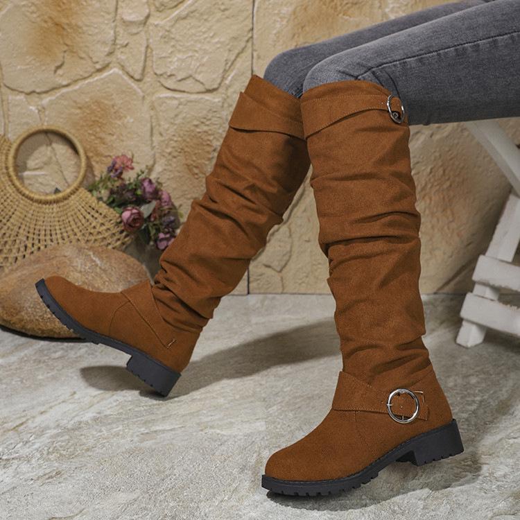 Women's Solid Color Trendy Boots, Buckle Belt Pull On Chunky Heel High Knee Boots, Winter Round Toe Slouchy Boots