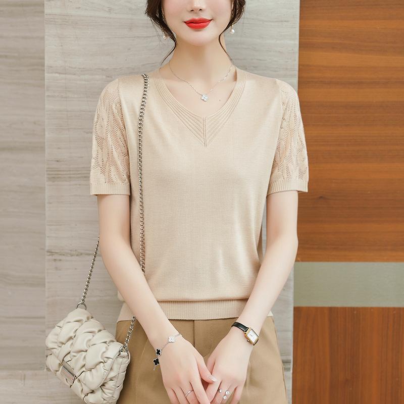 Sommer dünnes V-Ausschnitt Spitze elegantes Damen T-Shirt Allround