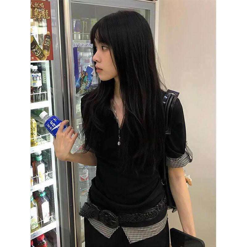 Y2K Spring Fashion Color Block Polo Collar Short Sleeve T-Shirt - Sexy Slim Fit Two-Piece Look.