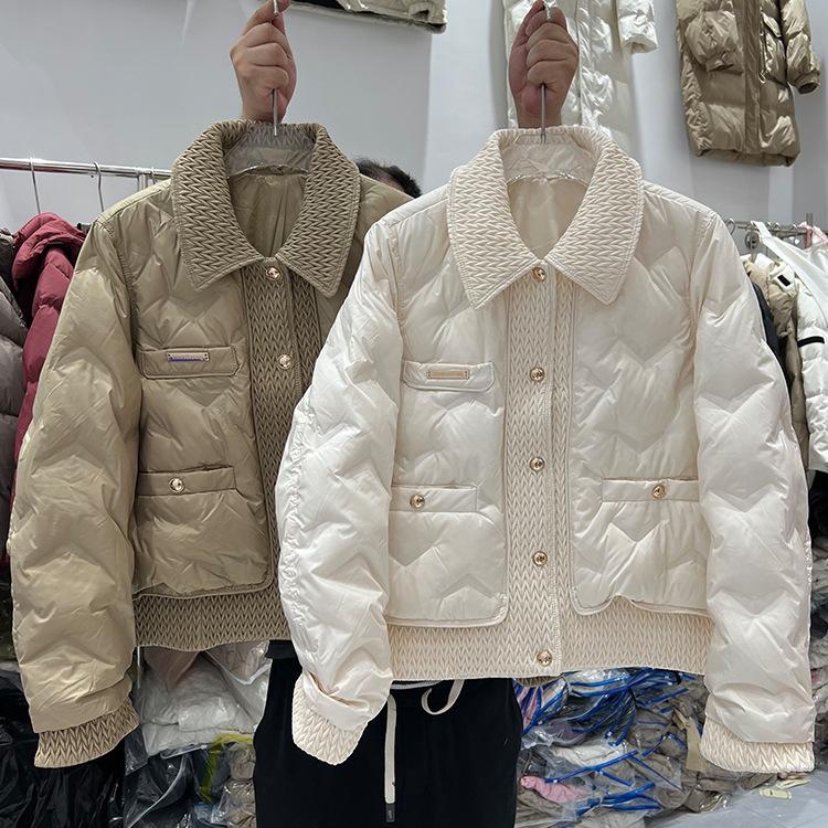 Winter new white duck down short down jacket women's loose fashion woven shirt collar splicing warm jacket