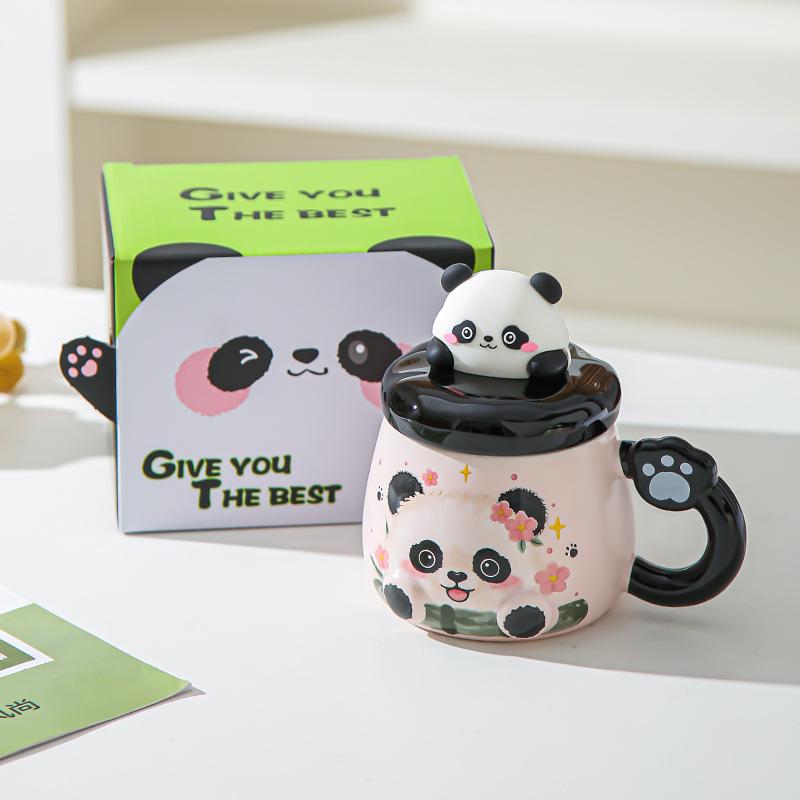 Cartoon Panda Mug with Lid Girl Cute Ceramic Office Home Couple Drinking Water Souvenir Birthday Gift