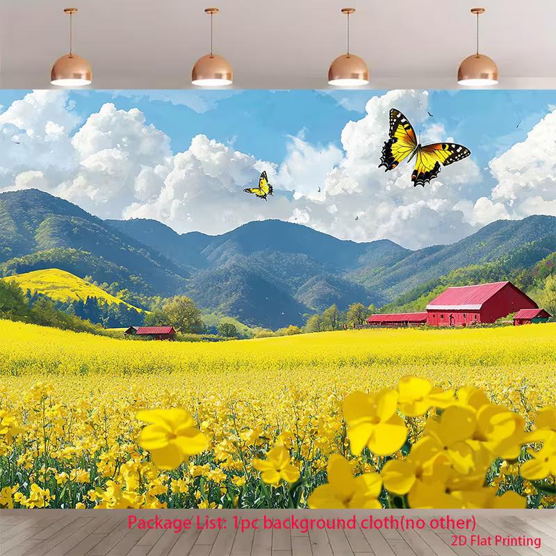 

2D Themed Tapestry for Spring, Countryside Flower Farm with Red Barns and Yellow Butterflies 47.2x31.5inch/120*80cm