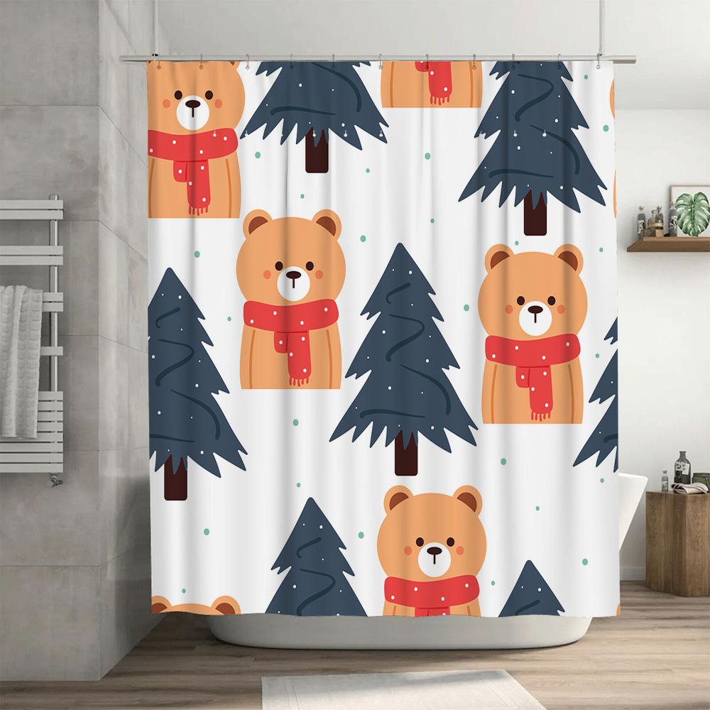 Christmas-themed Shower Curtain with Bear Pine Tree Print for Bathroom Decoration Waterproof Fabric 180x245cm   Blue Editions