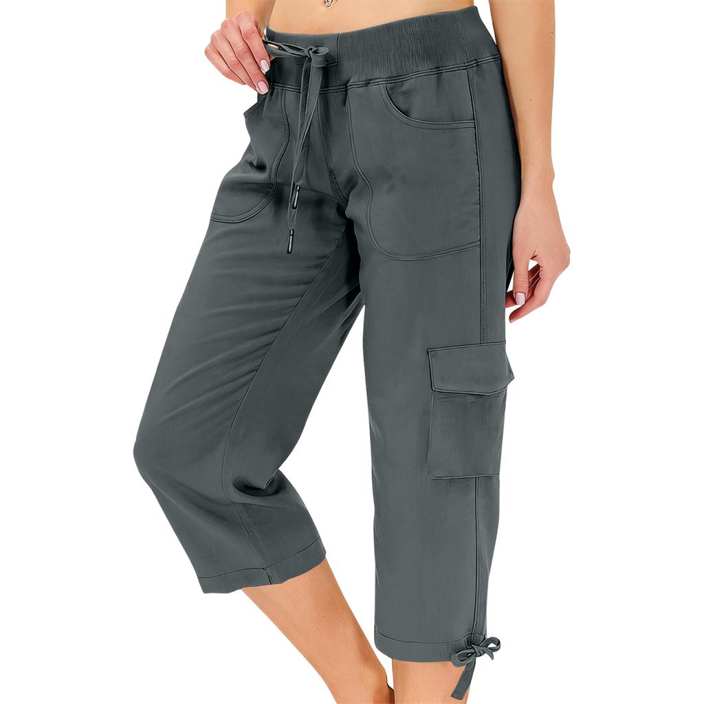 Women’s Loose Fit High Waist Elastic Waistband Lightweight Hiking Pants with Dual Pockets and Drawstring Capri Length for Outdoor Activities