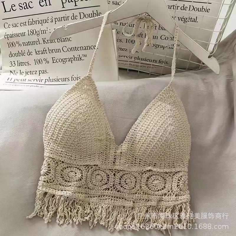New fashionable and sexy tube top with small suspenders for women's summer seaside beach lace-up hollow knitted neck top