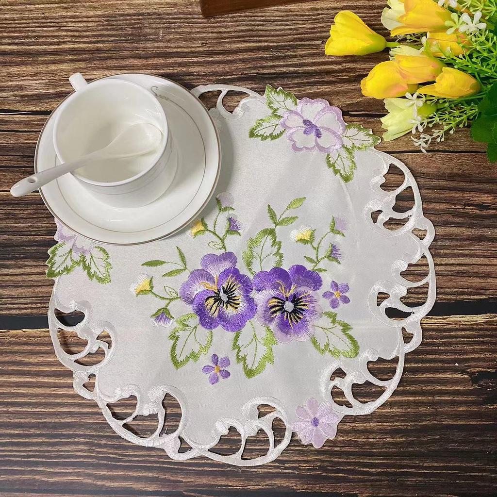 New Super Violets Purple Flowers Embroidery Placemat Cup Mug Tea Pan Coaster Kitchen Dining Table Place Mat Lace Doily Wedding