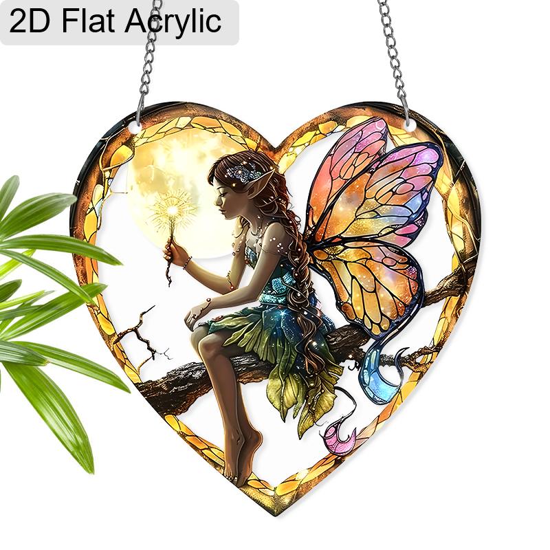 Acrylic Heart-Shaped Fairy with Moon Suncatcher, Stained Glass Style Window Hanging Ornament for Fantasy and Nature Lovers