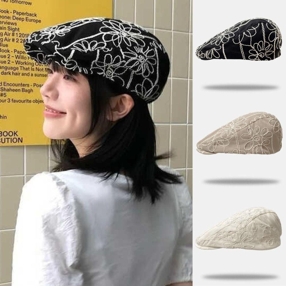 Fashion Retro Forward Cap Flower Embroidery Korean Style Beret Casual Versatile Sweet Spicy British Hat For Lady Girl