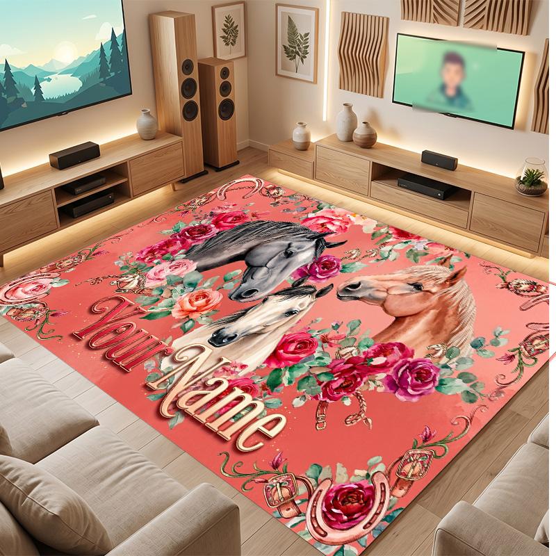 Horse Theme Soft Crystal Velvet Rug Custom Name & Text Print Non Slip Floor Rug for Bedroom Living Room