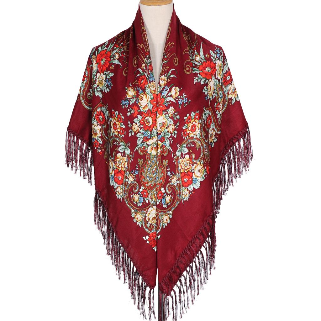 130*130cm Women Luxury Floral Print Square Scarves Russian National Fringed Shawl Traditional Ukrainian Babushka Head Wraps