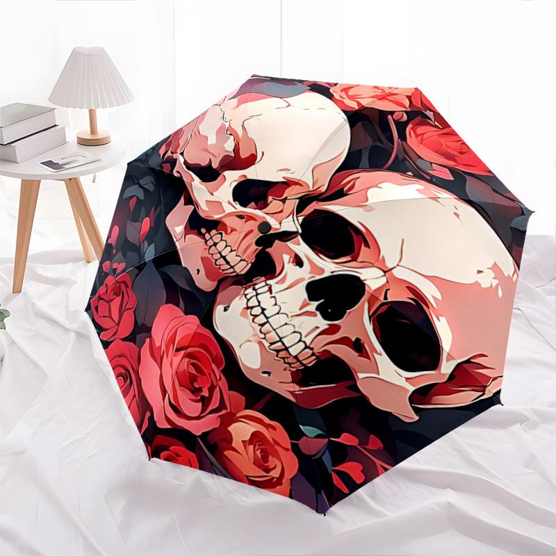 1pc Romantic Skulls & Roses Auto Open Close Umbrella, Portable Folding Design with Iron Frame for Outdoor Use, Perfect Gift for Fans, Travelers,