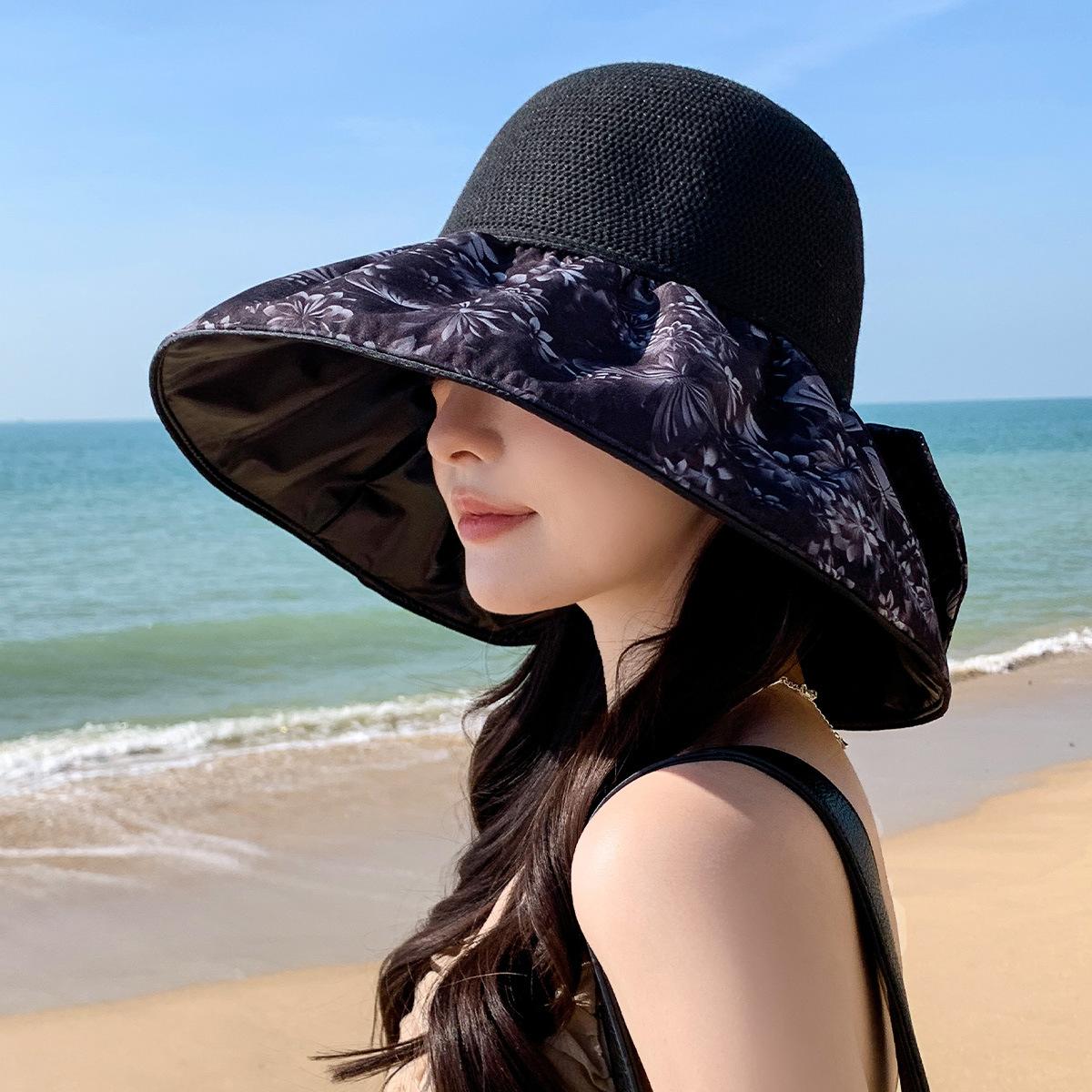 

Новая панама от солнца летняя прогулочная с бантом солнцезащитная виниловая с защитой от УФ-лучей широкополая шляпа от солнца M（56-58cm） чёрный