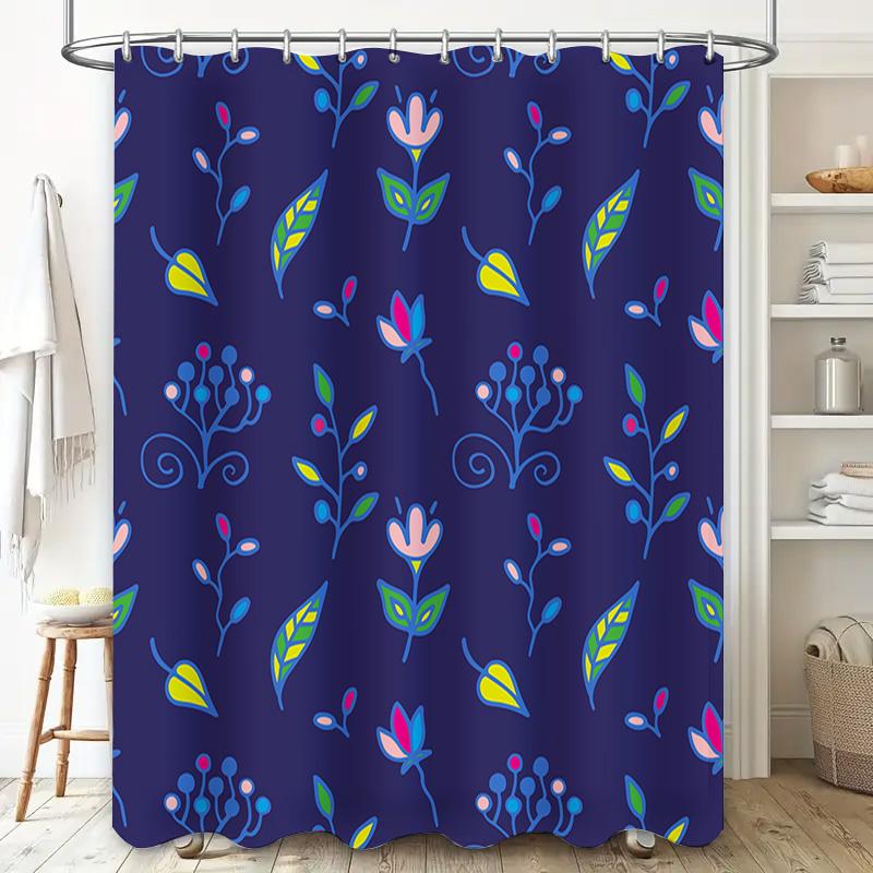 Vibrant Pattern Shower Curtain Modern Floral Design for Bathroom Decorations Washable Fabric in Blue Color with Yellow Pink Gree