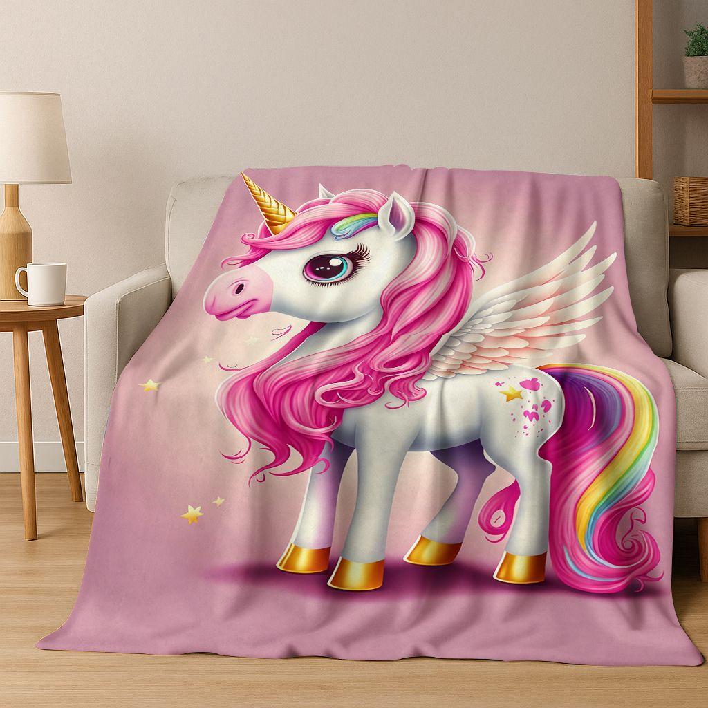 Kreslený duhový jednorožec Elfové Dívka Dárek Flanelová deka, Útulná měkká přehozová deka pro domov Ložnici Postel Pohovku Piknikový potah Děti
