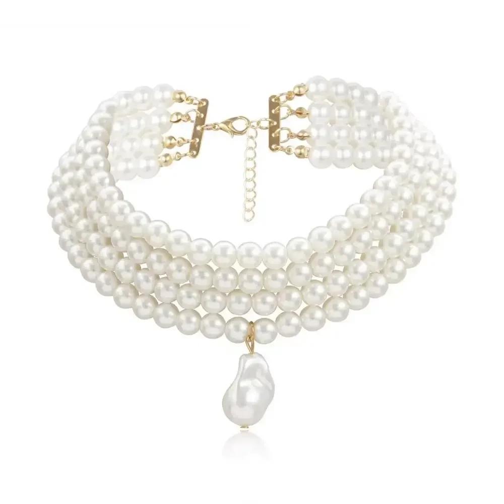 Vintage Elegant Multi Layer Pearl Necklace Luxury Shiny Rhinestone Pendant Necklace for Female Party Jewelry Accessories