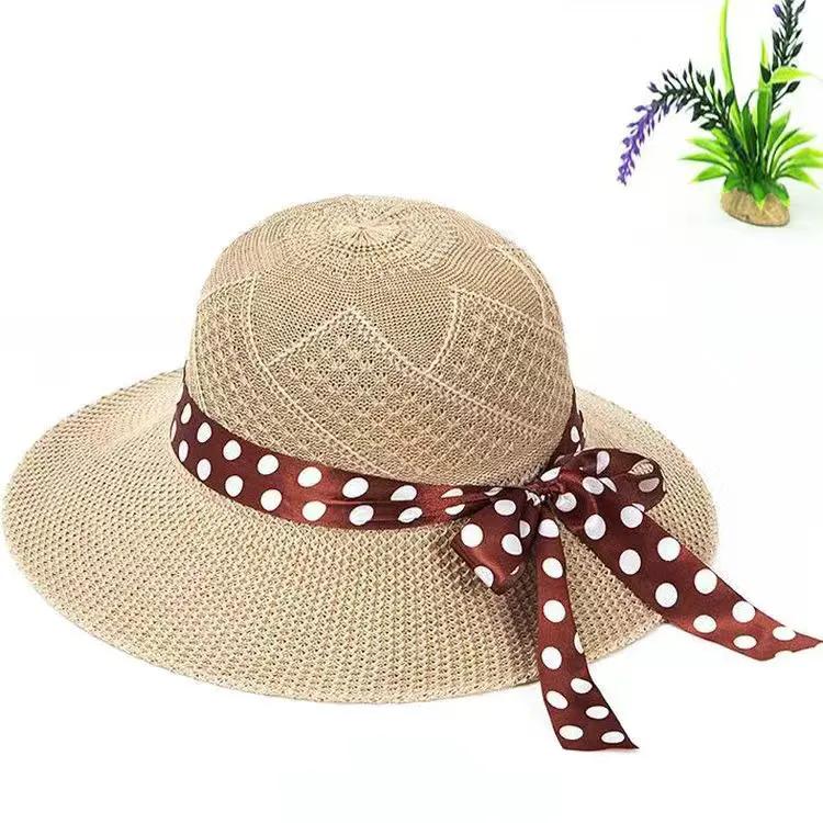 WTEMPO Women's Solid Color Bow Summer Knitted Bucket Hats Hollow-out Foldable Breathable Wide Brim Outdoor Travel Beach Hats