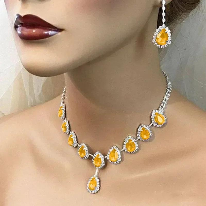 Blue Water Drop Rhinestones Necklace For Women  Inlaid Zircon Pendant Fashion Jewelry Accessory