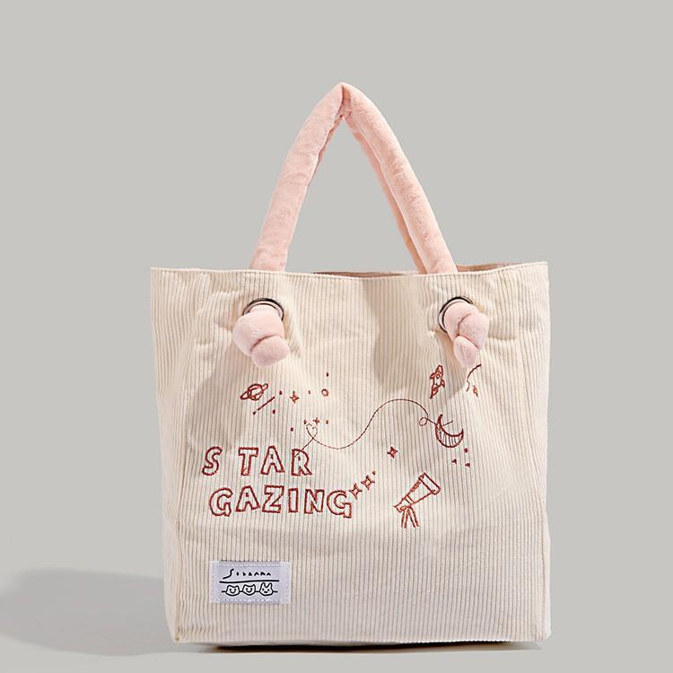 

Corduroy Commuter Tote Bag Women s Embroidery Versatile Cute Student Class Large Capacity Shoulder Bag Cotton Filled Handbag