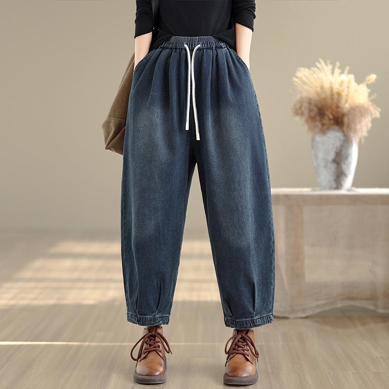 

DIMANAF 2025 Осень Зима Женские Джинсы Большого Размера Хлопковый Деним Длинные Брюки Винтажный Низ 2XL синий