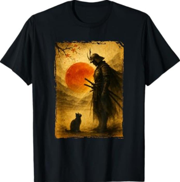Vintage Japanese Art Samurai Warrior Black Cat T Shirts XXL
