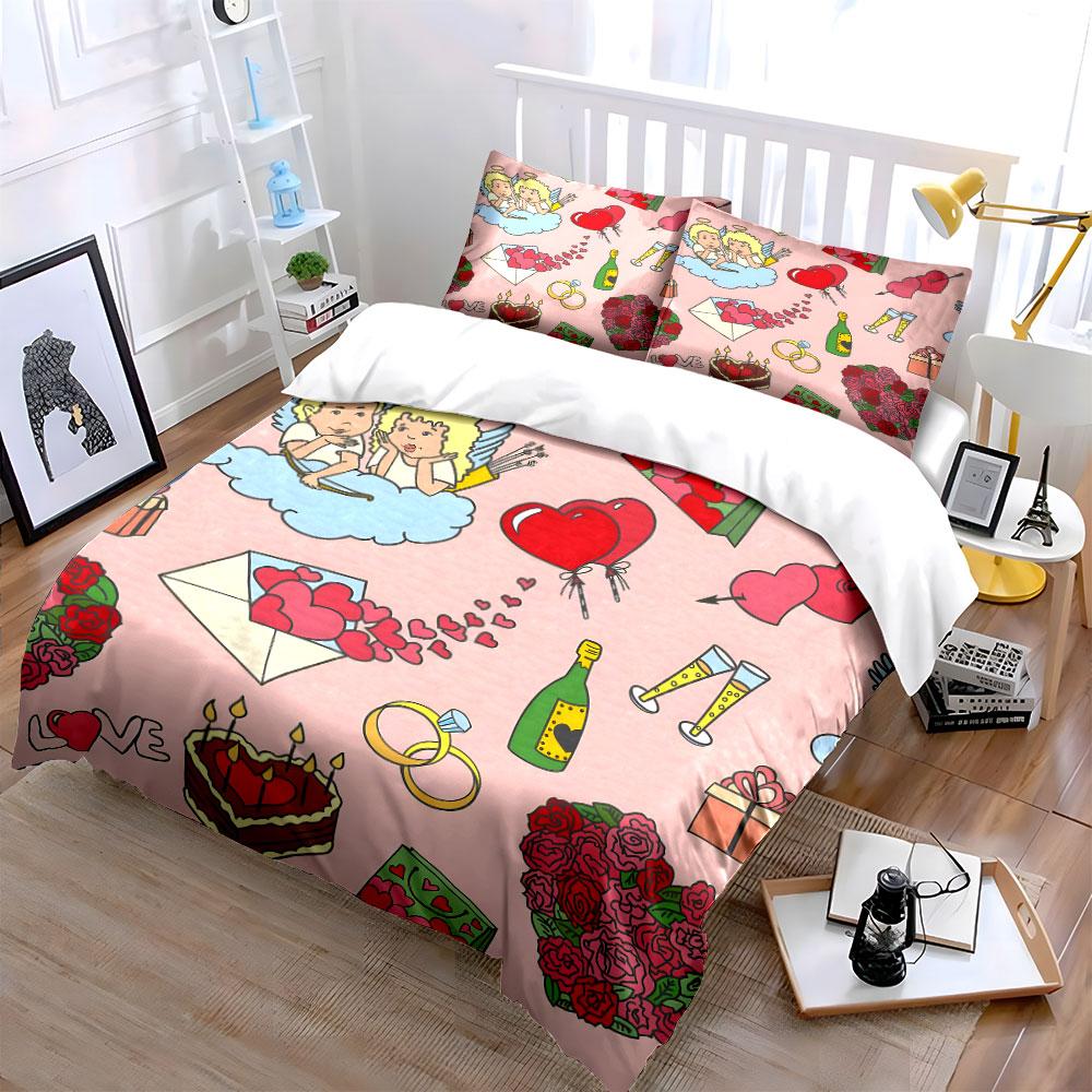 Hand-Drawn Love Elements Bedding Set For Kids Luxury Gift 3Pcs Digital Print Comforter Set Soft Comfortable Breathable