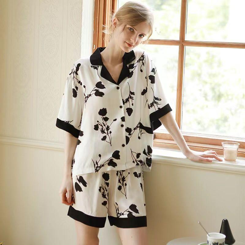 

Print Pajamas Women s Summer Thin Classy Artificial Cotton Silk Tribute Satin Home Wear Suit Two-piece Set Pants Black Rose Short Sleeve shorts L