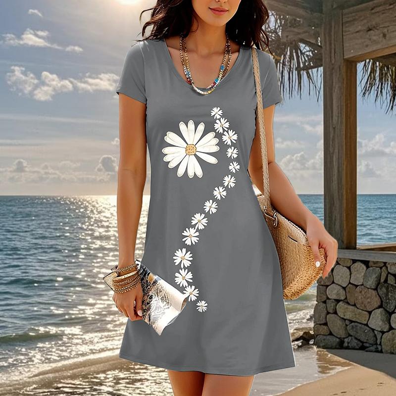 Mode für Damen, lockerer Blumen-Design-Druck, O-Ausschnitt, kurze Ärmel, Blätter-Druck, lockere Streetwear, A-Linien-Kleid