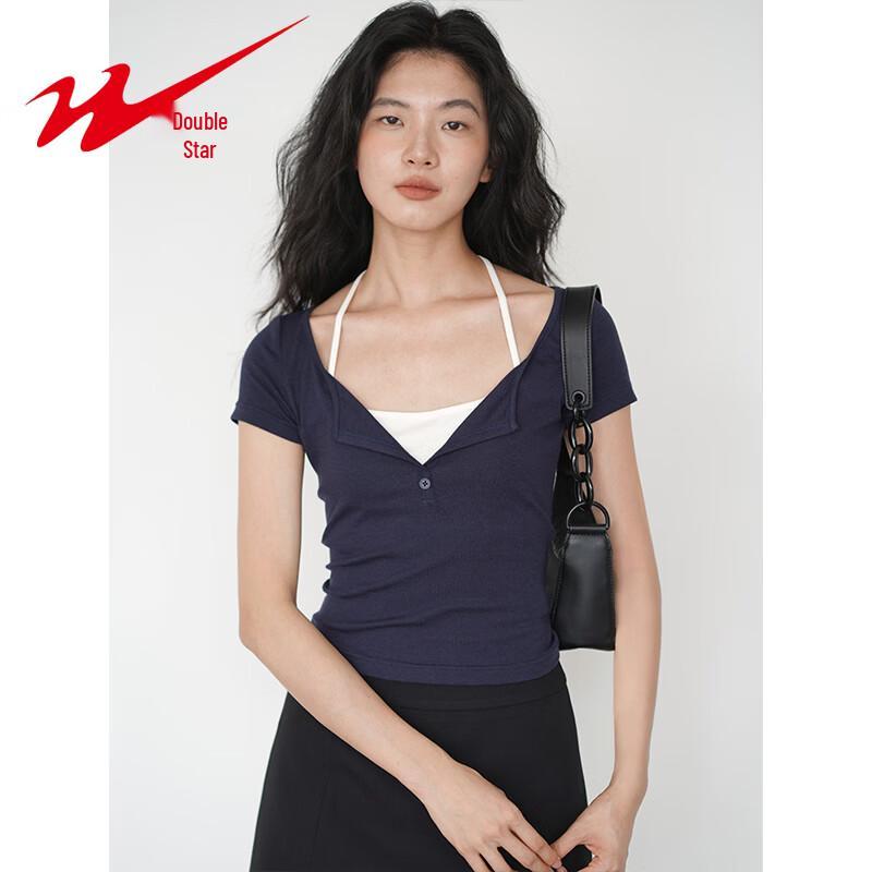 

Shuangxing Women s Retro Faux Two-Piece Halter Cotton T-Shirt M