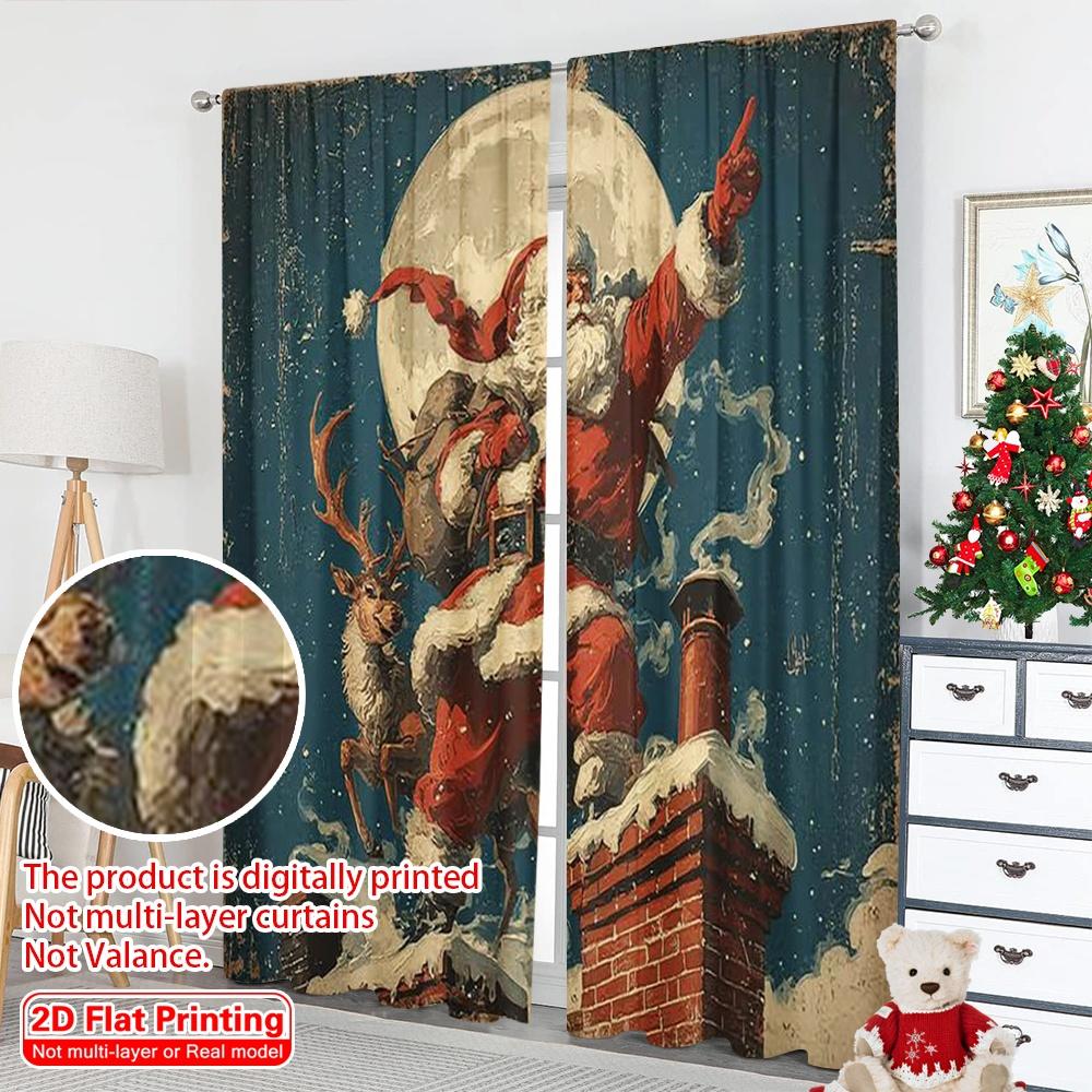 2pcs 2D flat printing Merry Christmas Window Curtains Santa Claus Fabric Without Electricity Festive Holiday Perfect for Living