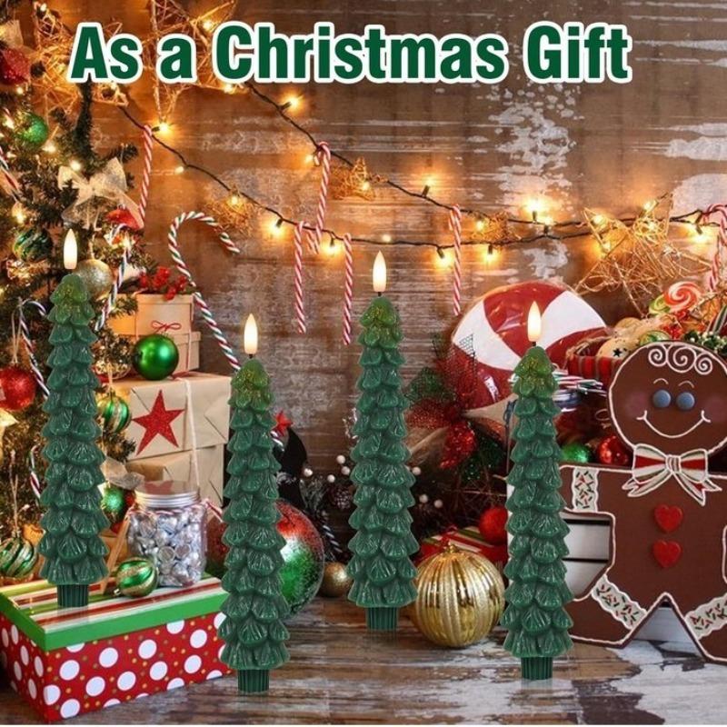4/2pcs Christmas Tree LED Flameless Candles Light with 3D Flame Wick Green LED Candlesticks Operated for Christmas Home Decor