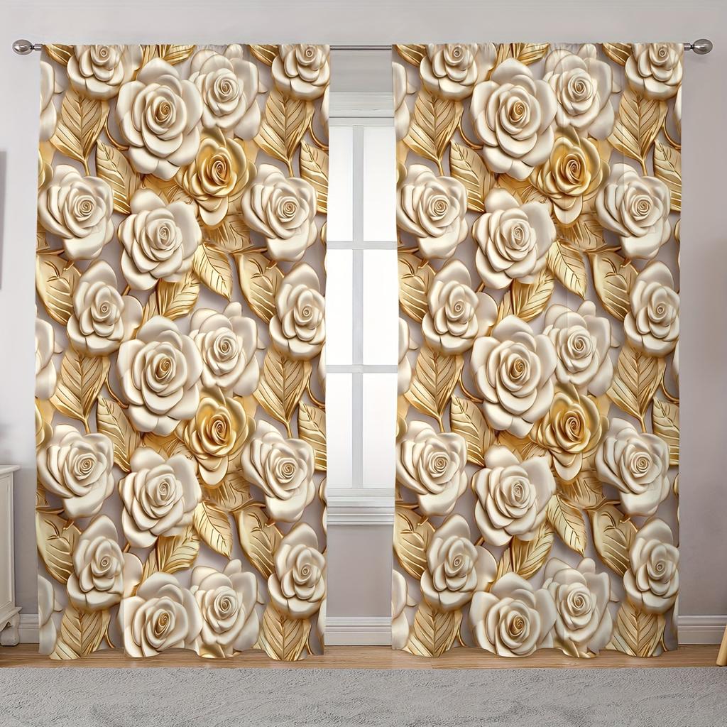 2 ks Nádherný zlatý růžový květinový závěs pro domácí dekoraci Kapsa na tyč Úprava okna Pro okna ložnice, kanceláře, kuchyně