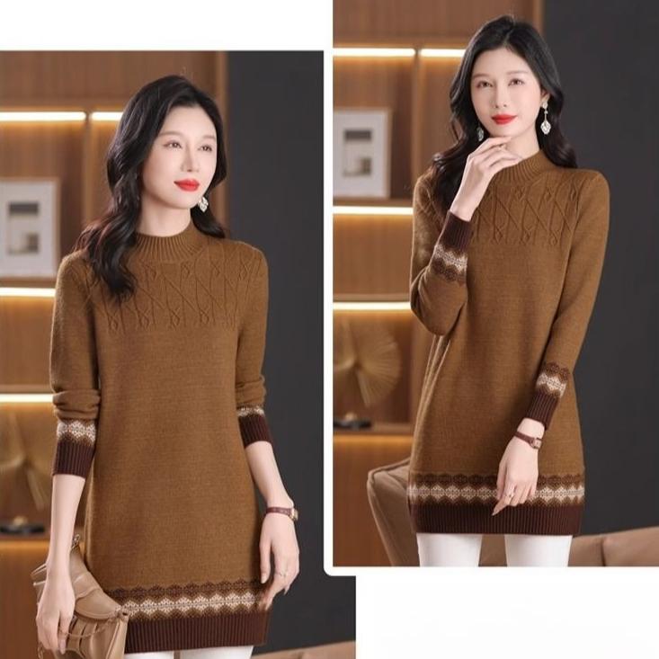 Half Turtleneck Knitted Sweater Women's Color Block Loose Mid-length Sweater Knitted Sweater Long-sleeved Casual Pullover Autumn and Winter Top