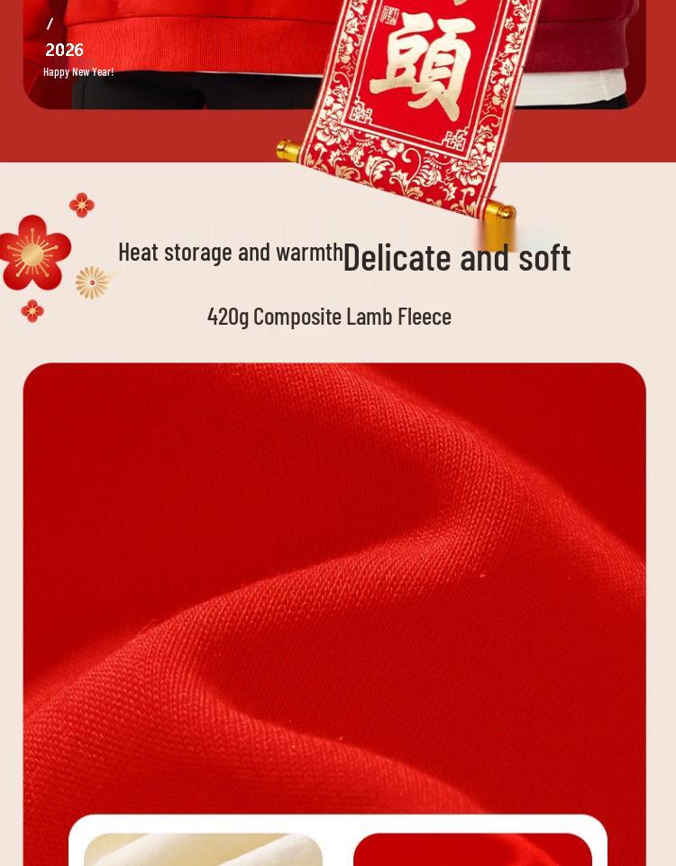 Unisex Red Fleece-Lined Hoodie for Kids - Warm New Year’s Greeting Outfit