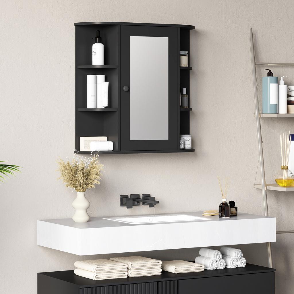 Bathroom Mirror Cabinet with 6 Open Shelves and 2 Closed, In Wood and Glass, 66x17x63 Cm, Black