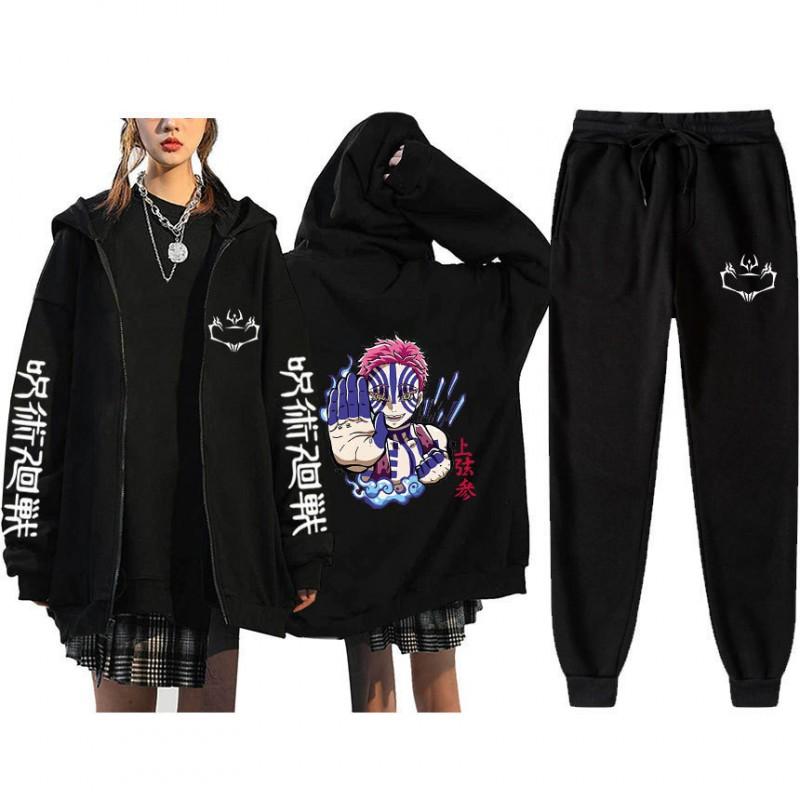 Unisex Winter Casual Sport Set With Anime Print Hooded Zip-Up Sweatshirt Jogger Pants Cotton Blend
