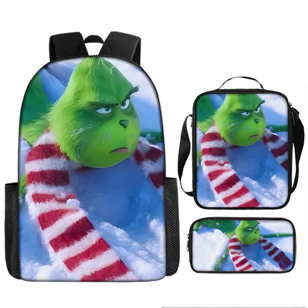 Green Hair Monster Grinch School Bag Campus 12345th and 6th Grade Backpack Lightweight Weight Loss Computer Bag Three-piece Set