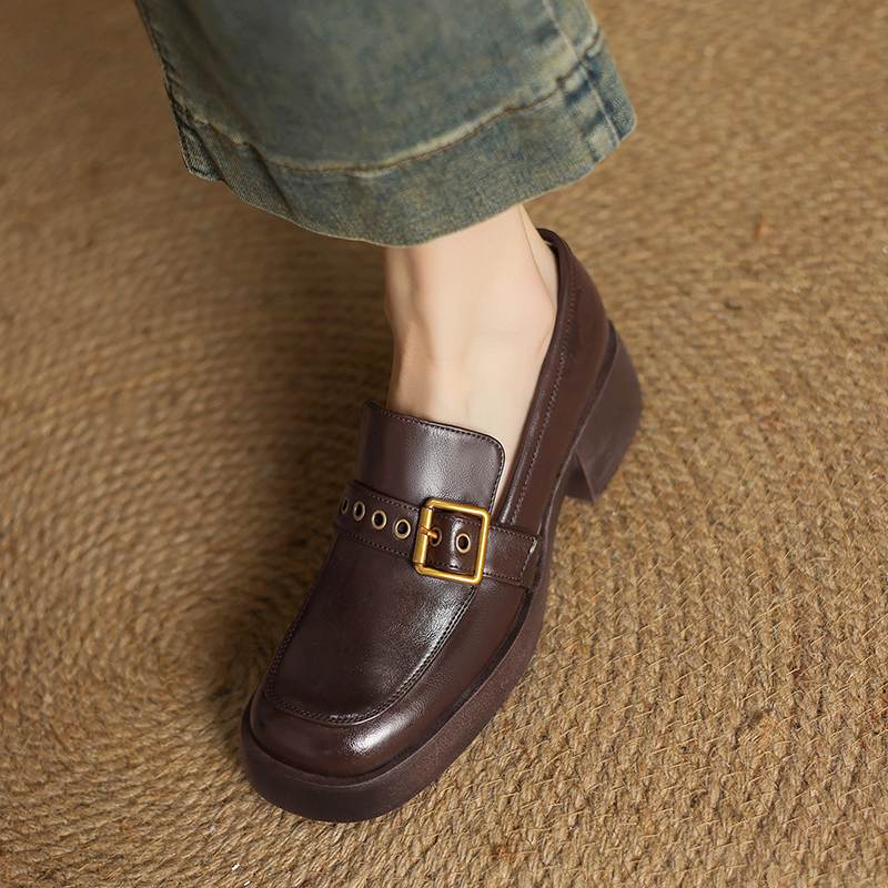 Krazing Pot Cow Skin Autumn Winter Shoes Chunky Heels Size 43 Size 42 Round Toe Slip on Metal Buckle Deep Mouth Pumps