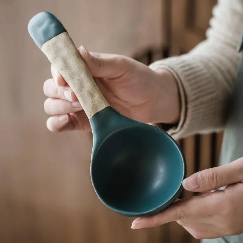Japanese Creative Handmade Stoneware Large Soup Spoon Simple Household Tableware Ceramic Big Rice Spoons Home Kitchen Supplies