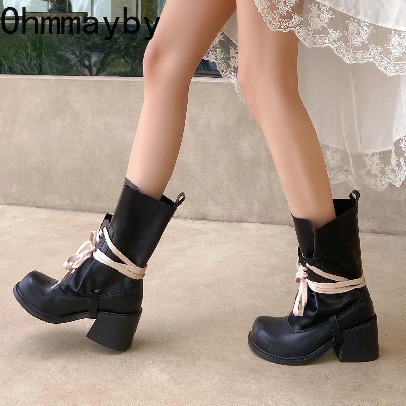 Autumn Winter Corss Strap Women Mid Calf Boots Fashion Slip On Square Heels Shoes Female Modern Trouser Legs Booties